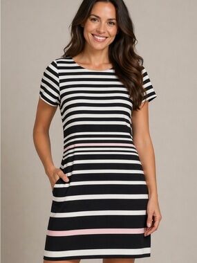 Striped Short-Sleeve Mini Dress in Black, White & Pink
